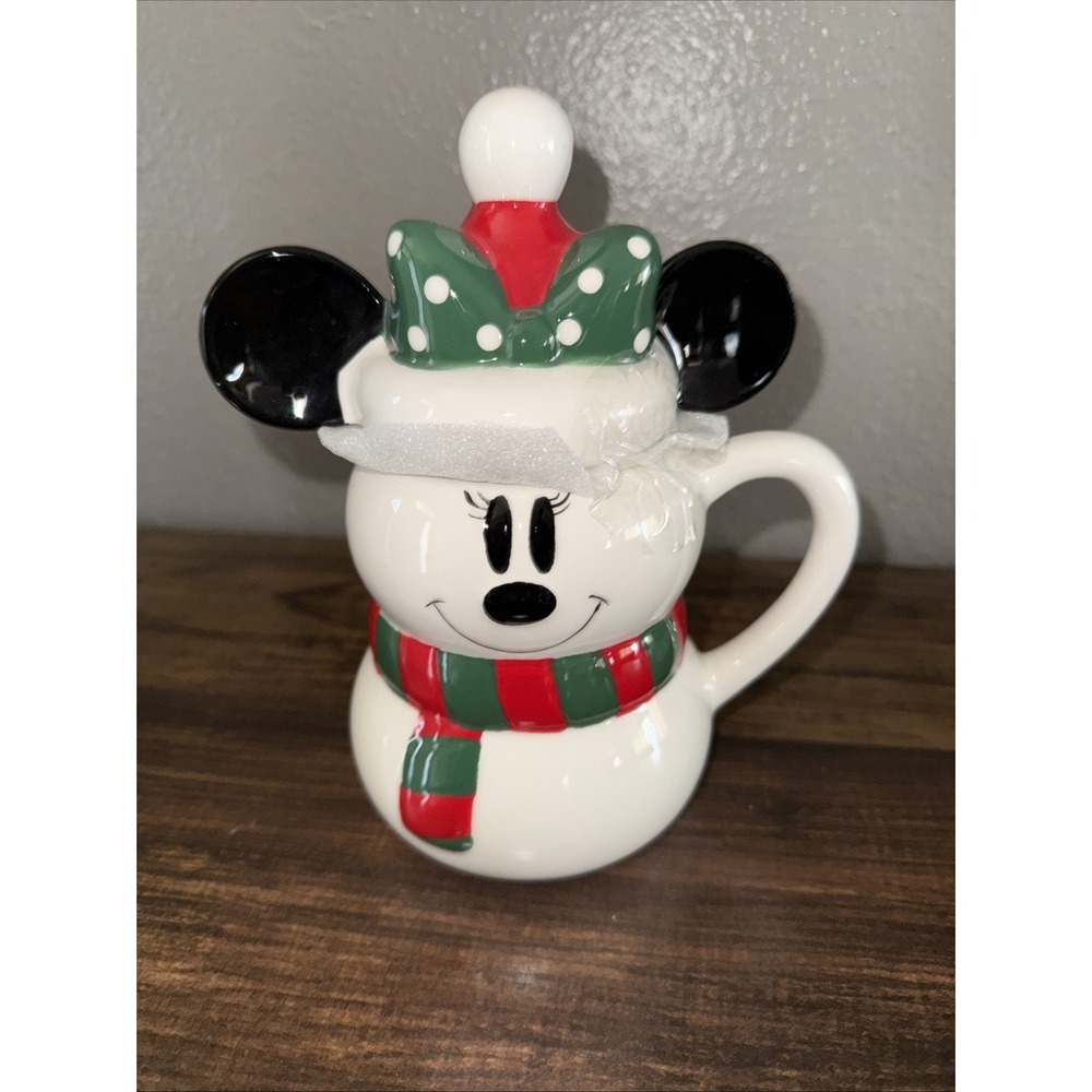 Disney Minnie Mouse Snowman White Christmas Holiday Polka Dotted Lid Ceramic